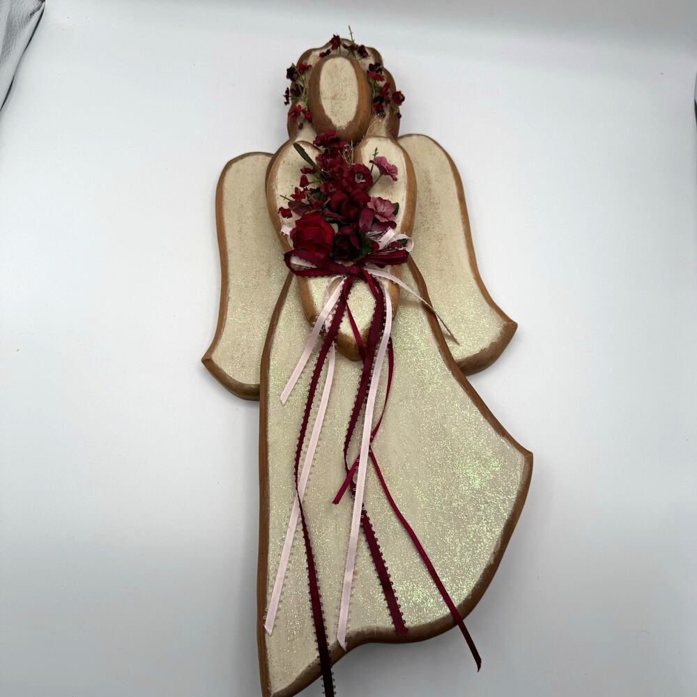 Handcrafted Wood Angel Wall Hanging, Burgundy & Pink Floral Ribbon Accent
